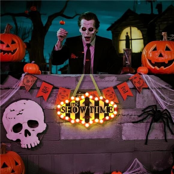 Halloween Door Sign Light Sign Decoration It's Showtime with LED Lights Wooden - Picture 6 of 7